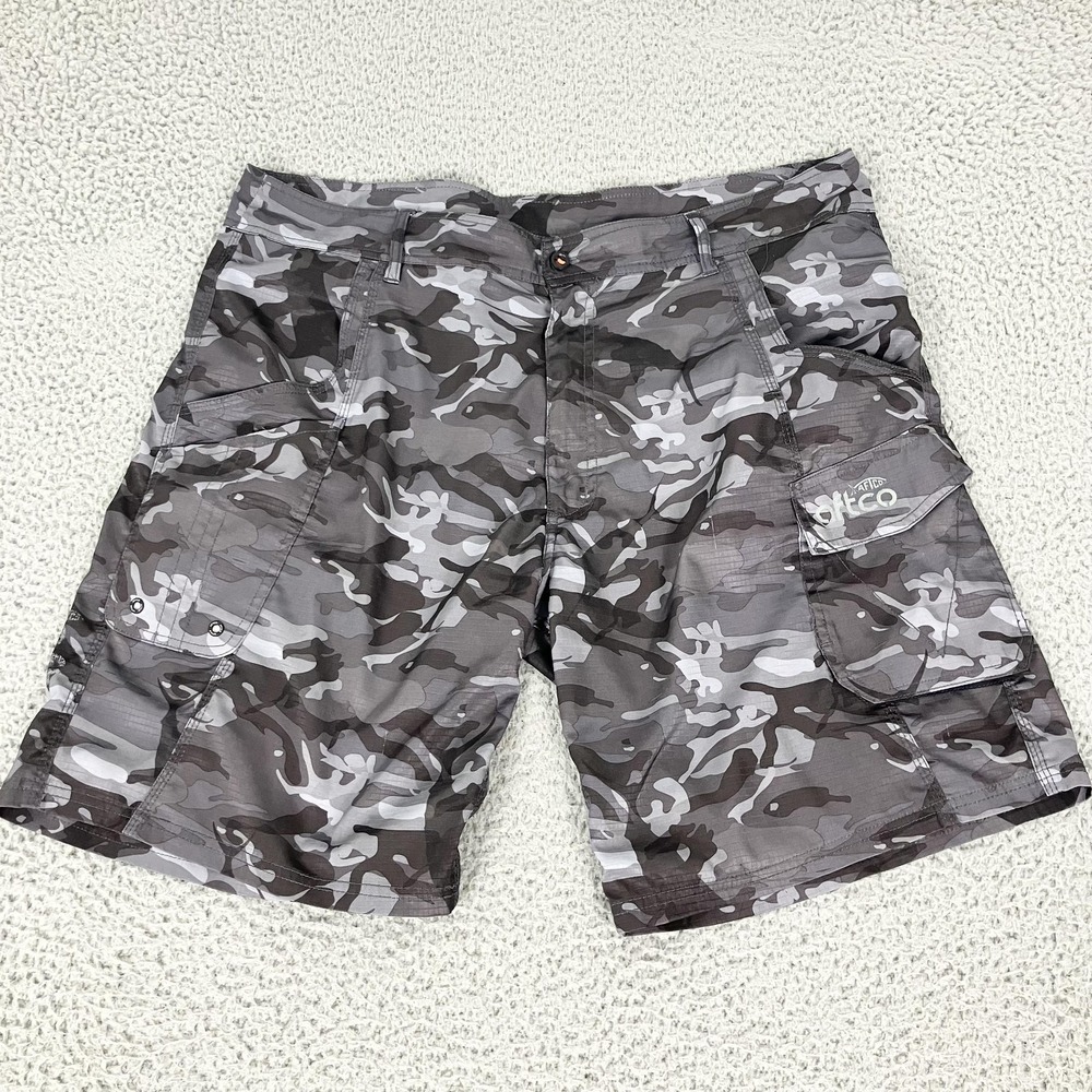 AFTCO Cargo Shorts Mens 40 Gray Camo 10" Fishing Quick Dry Stretch Pockets